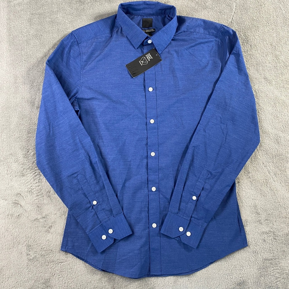H&M Button Front Shirt Mens M Blue Slim Fit Easy‎ Iron Long Sleeve Texture NWT